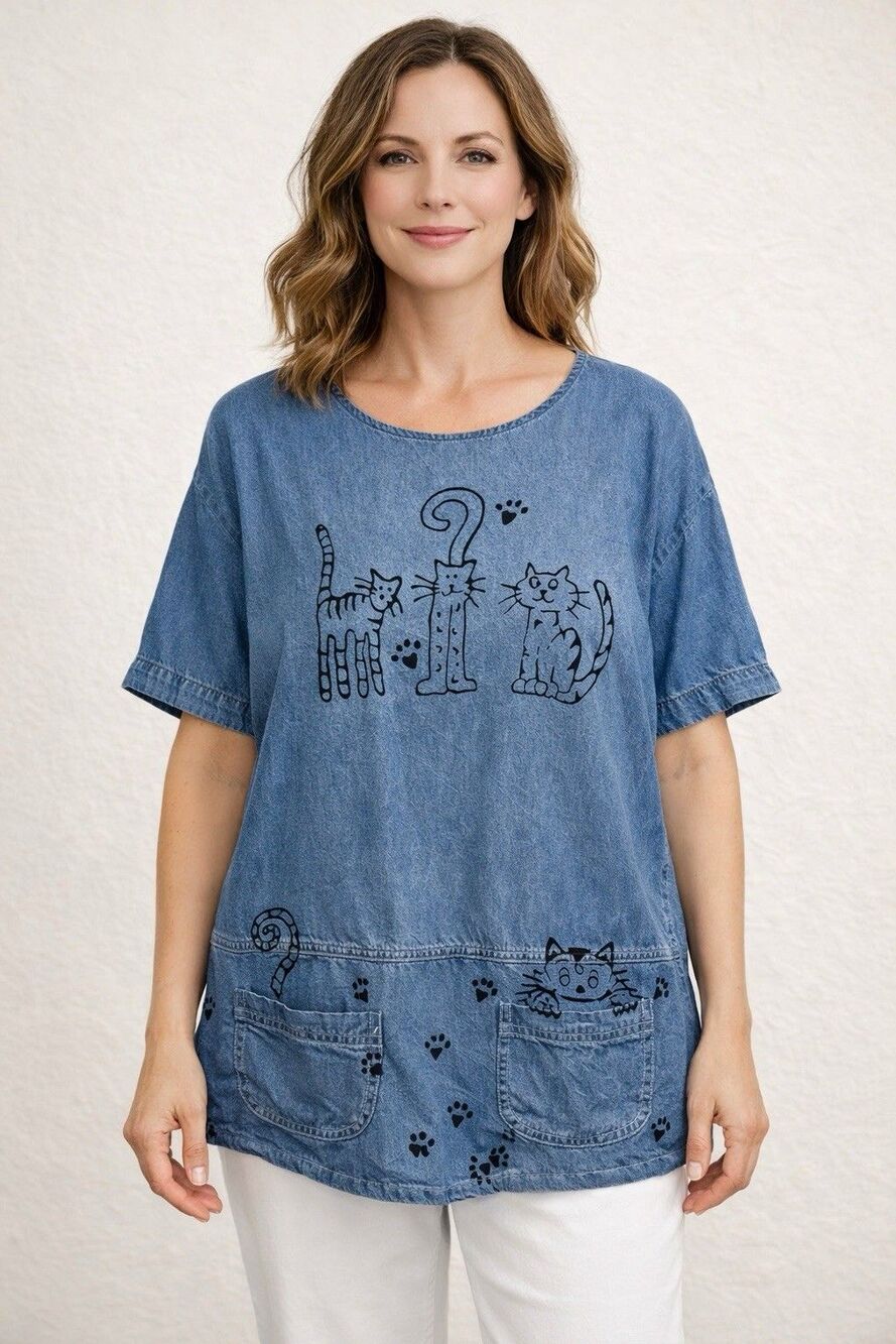 Whimsical Cat Denim Tunic Shirt Womens Large Chambray Front Pockets Oversized